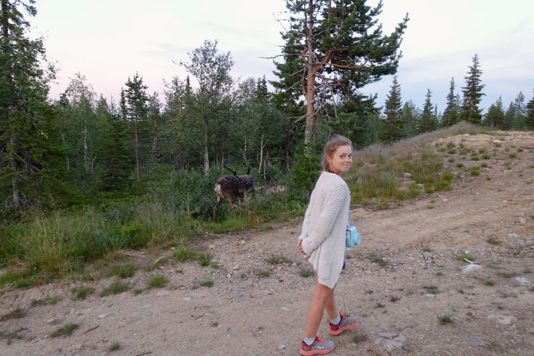 Anouk walking past a reindeer on a rocky forest trail