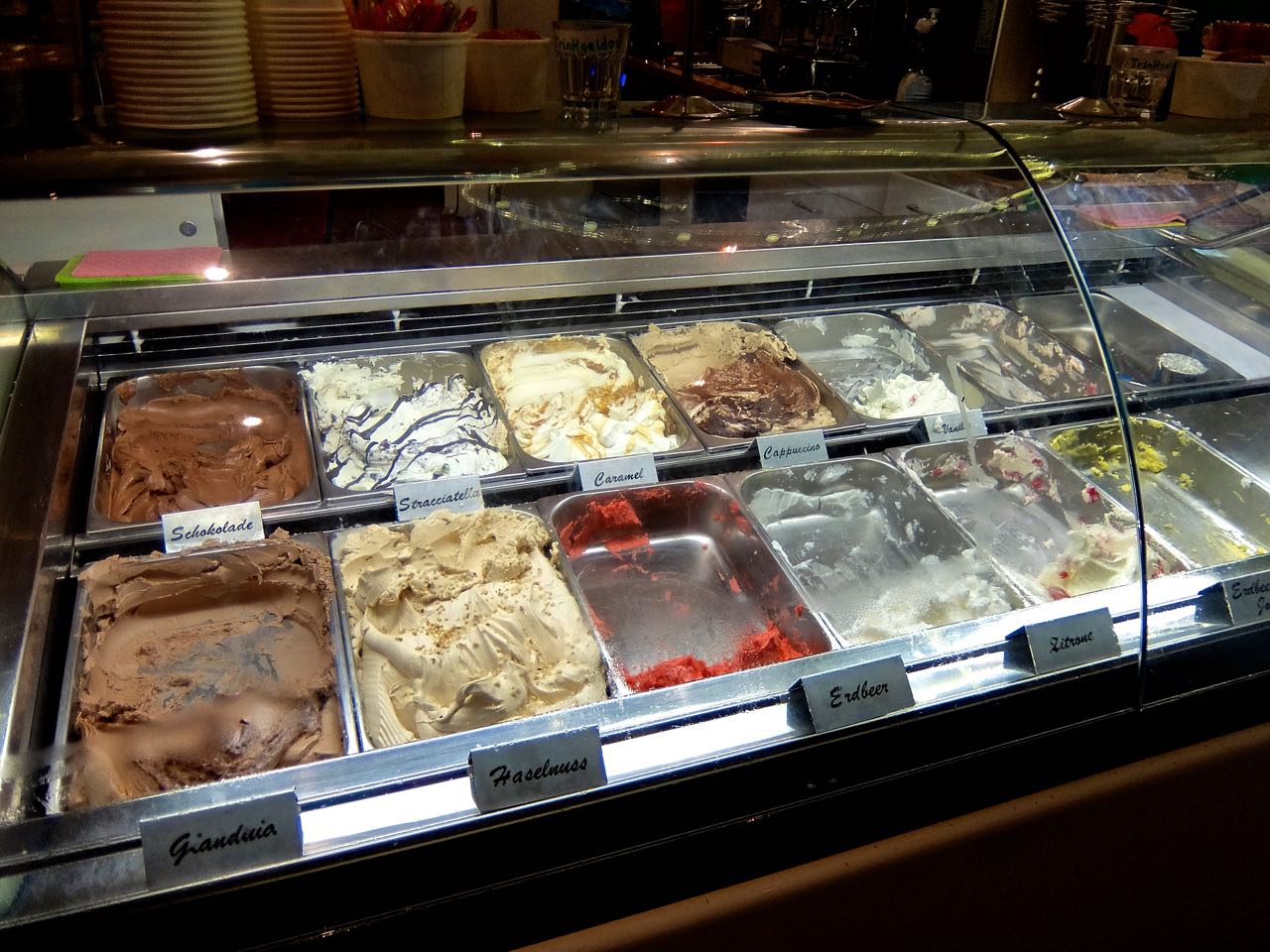 Ice cream flavors displayed at the Eisliebe counter in Hamburg