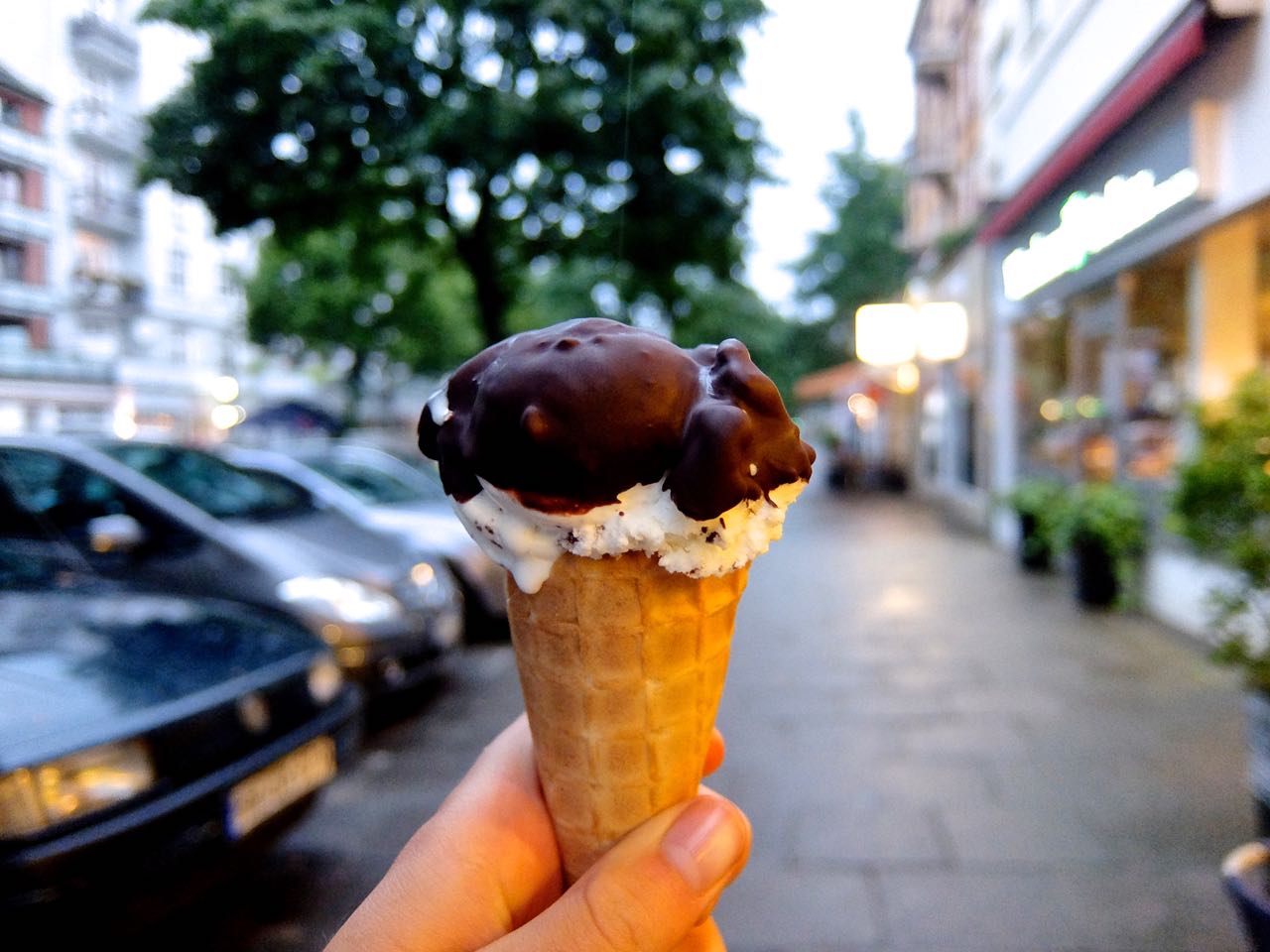 Finished Schokokuss ice cream cone with a hard chocolate shell