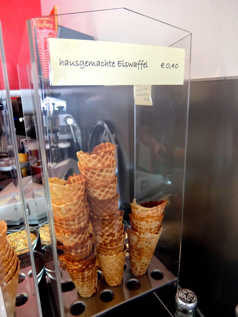 Stacks of homemade waffle cones at Enjoy it! in Hamburg