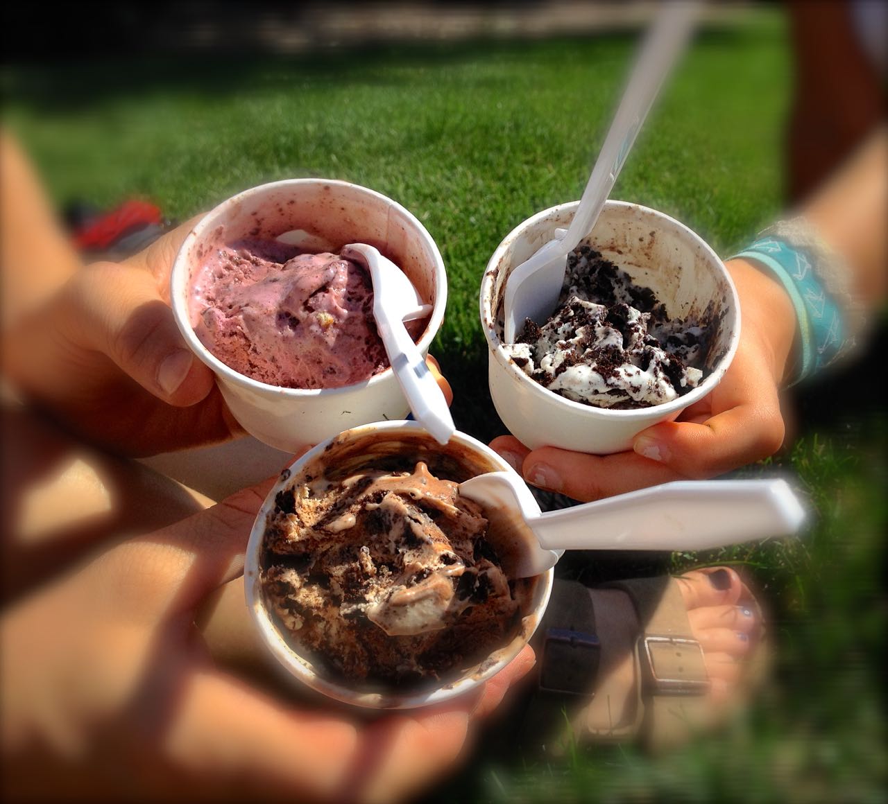 Three cups of chunky ice cream at Glacier Ice Cream in Boulder, Colorado
