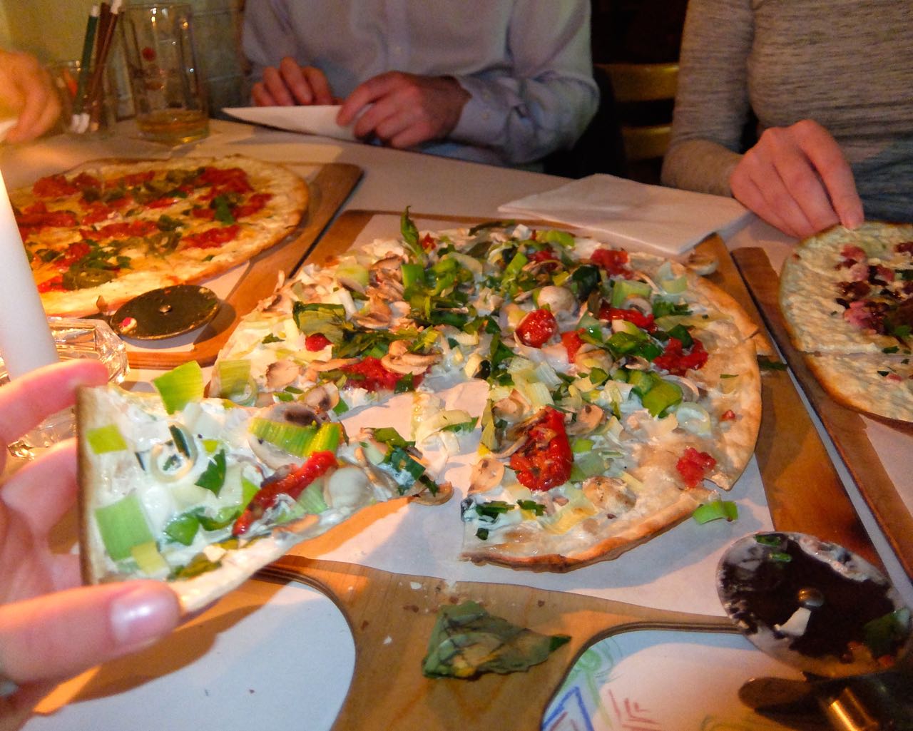 Vegetable Flammkuchen with leeks, mushrooms, and sun-dried tomatoes