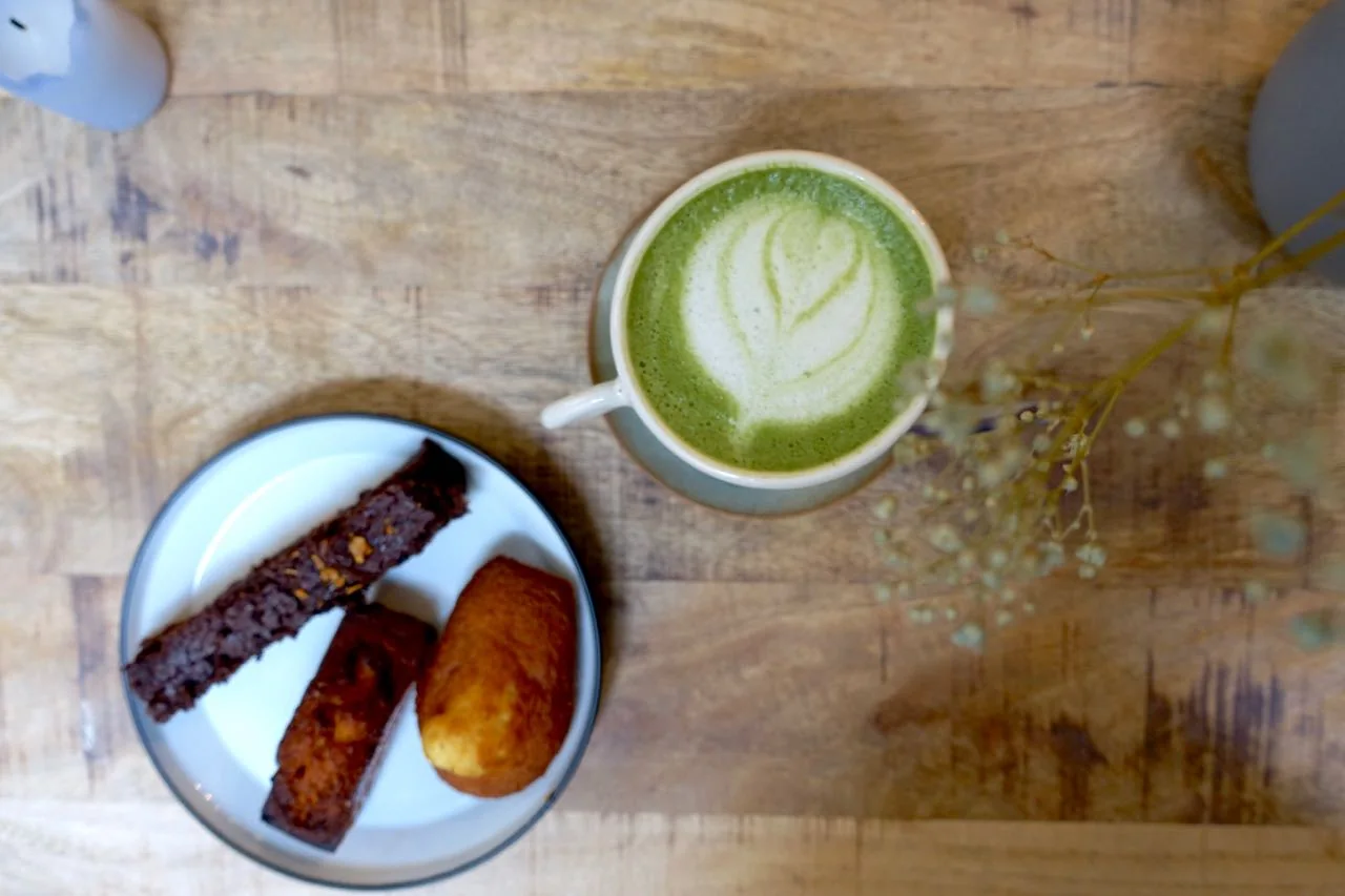 Matcha Latte and French pastries