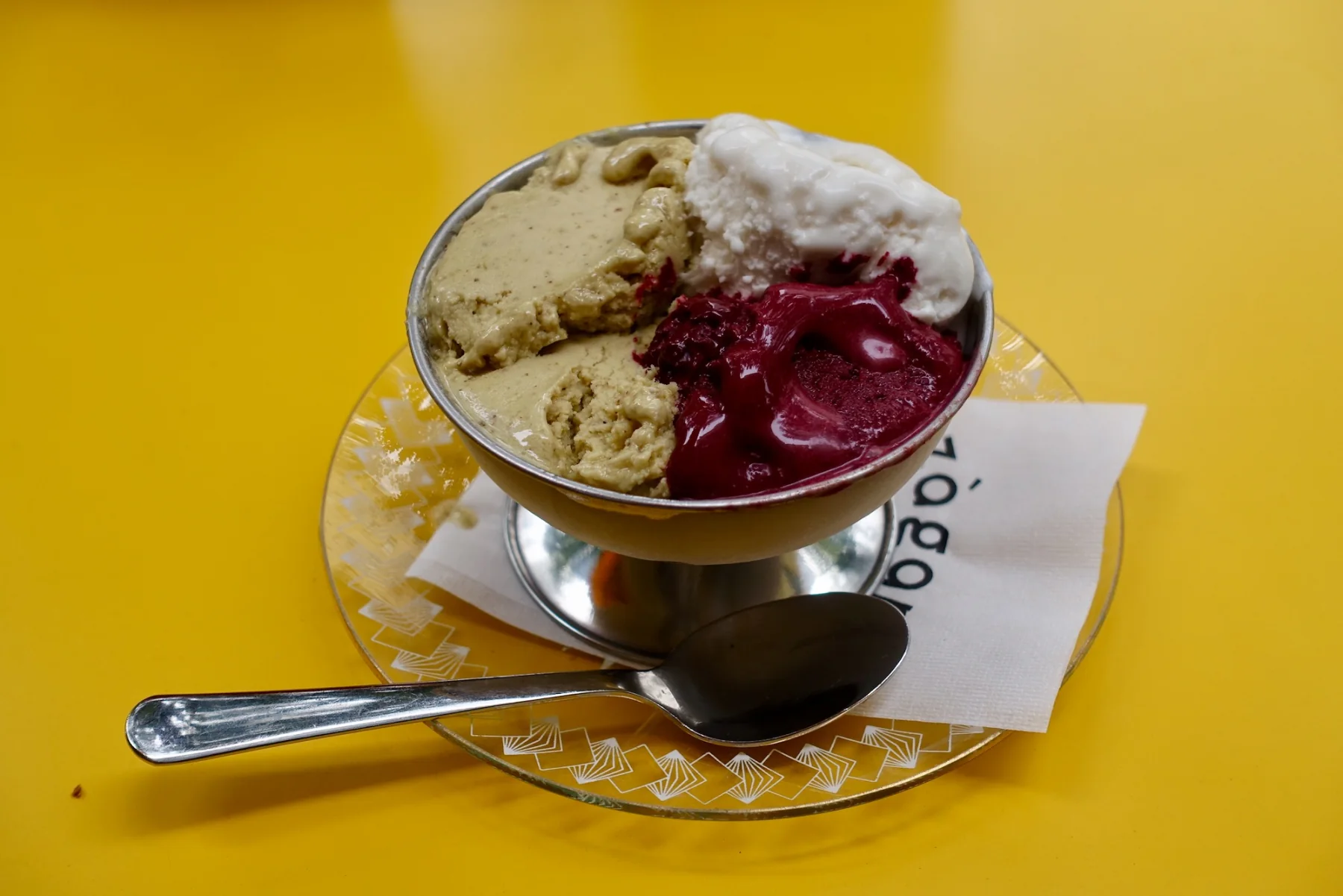 chocolate-beet sorbet, pistachio gelato, macadamia fleur de sel